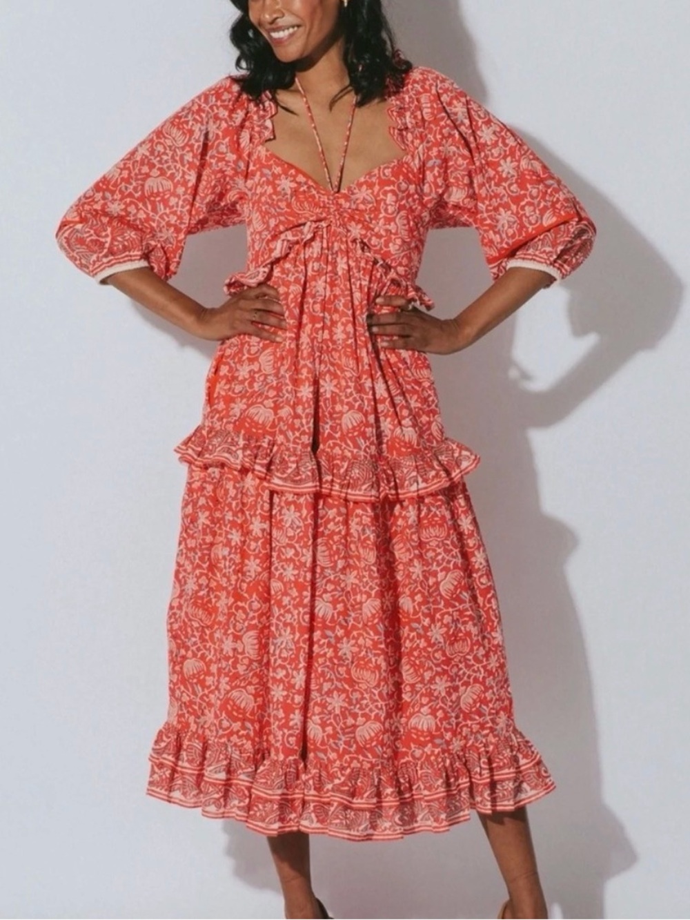 Cleobella Celia Midi Dress / Red Floral Boho Tiered Dress
